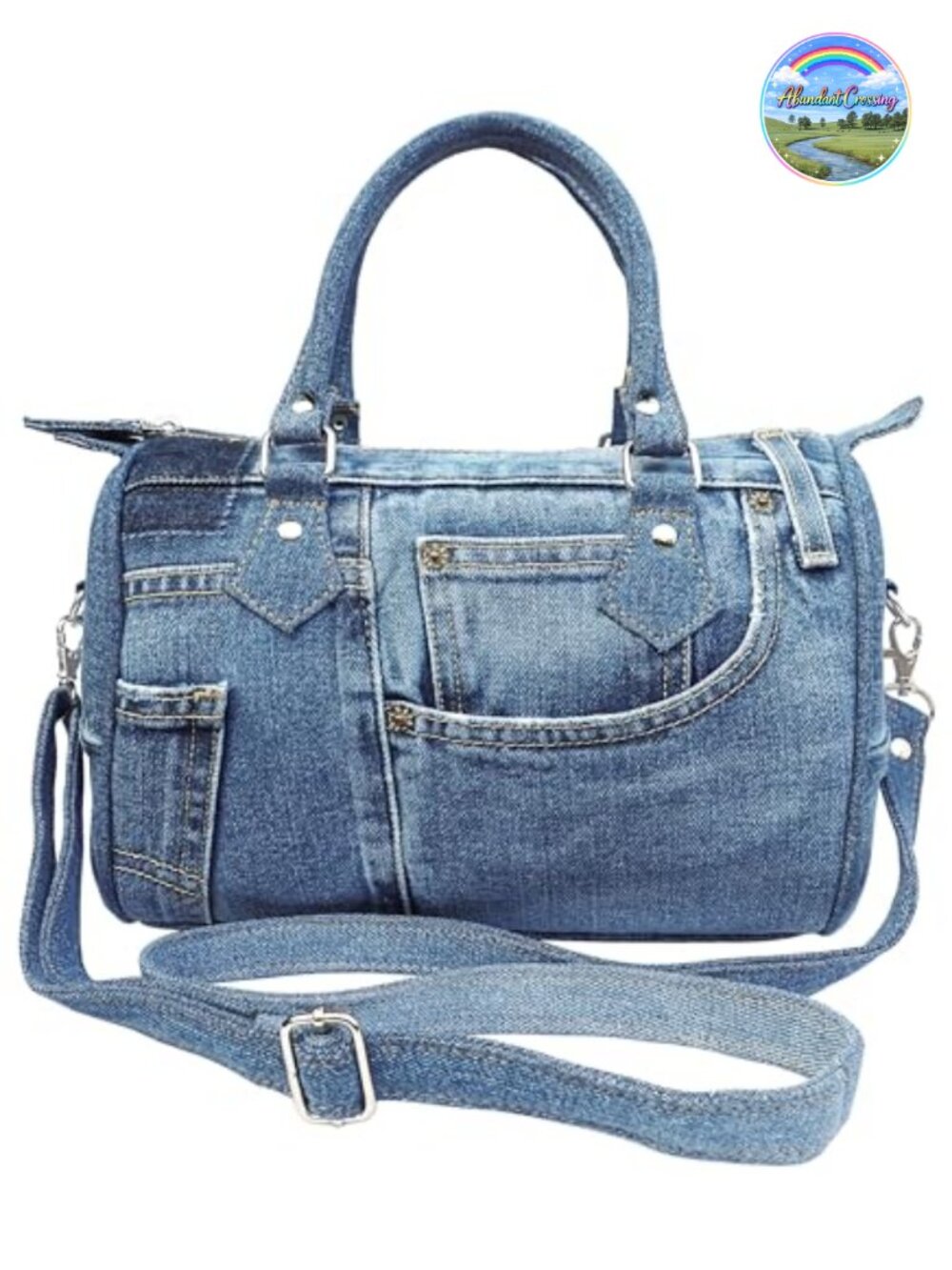 Upcycled Denim Compact Crossbody Handbag Women Top Handle Satchel